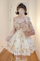 Pink Oblique Shoulder Print Ruffle Bowknot Lace Sweet Lolita Jsk Dress Set