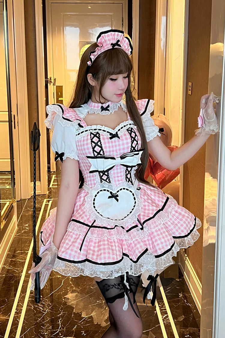 Pink [Girlish Plaid] Square Collar Short Sleeves Double-Layered Printed Ruffled Bow Lace Maid Sweet Lolita Dress