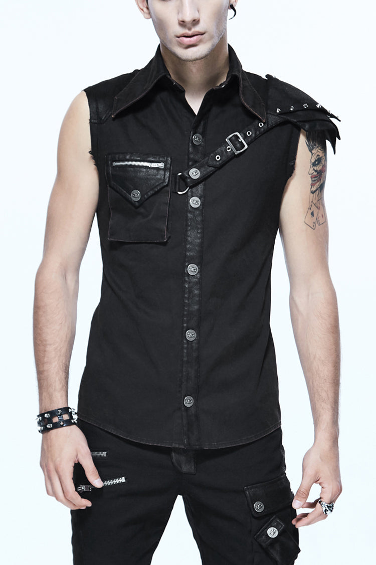 Black Sleeveless Twill One-Shoulder Armor Heat Seal Men's Punk Shirt
