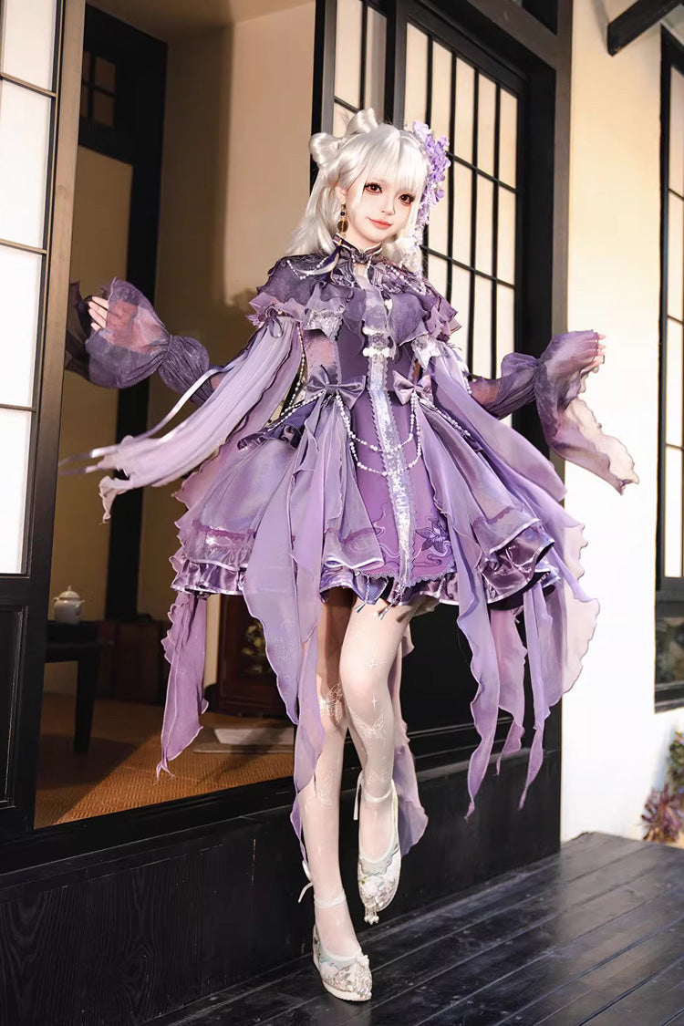 Purple Stand Collar Embroidered Pearl-Decorated Gothic Lolita Jsk Dress Set