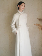 Long fleece winter qipao coat made of fine wool with full front opening and modern Chinese elegance