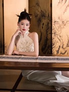 Formal dress for women featuring modern Chinese qipao halter neckline and luxury embroidery