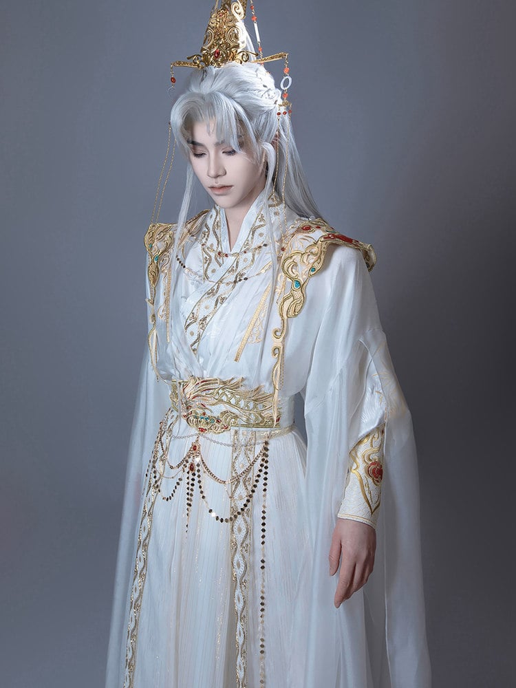 Gold Embroidered Hanfu Outfit | White Dragon Robe Set