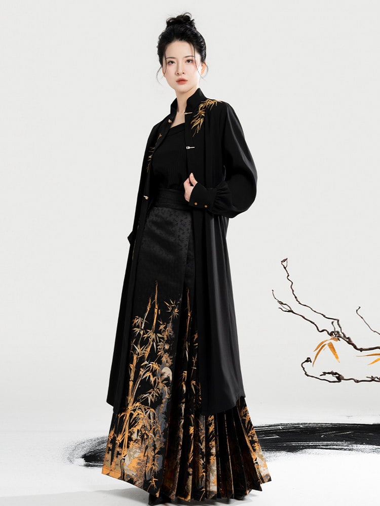 Golden Bamboo Brocade Mamian Skirt Set Ming-Style Outfit