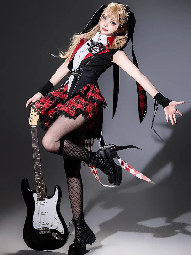 Dark punk goth dress dresses with rock bunny top and flared skirt for alternative lolita fashion