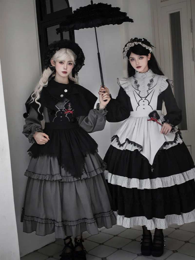 Goth Lolita triple-layer embroidered OP dress in dark autumn style, perfect for elegant daily wear and cosplay