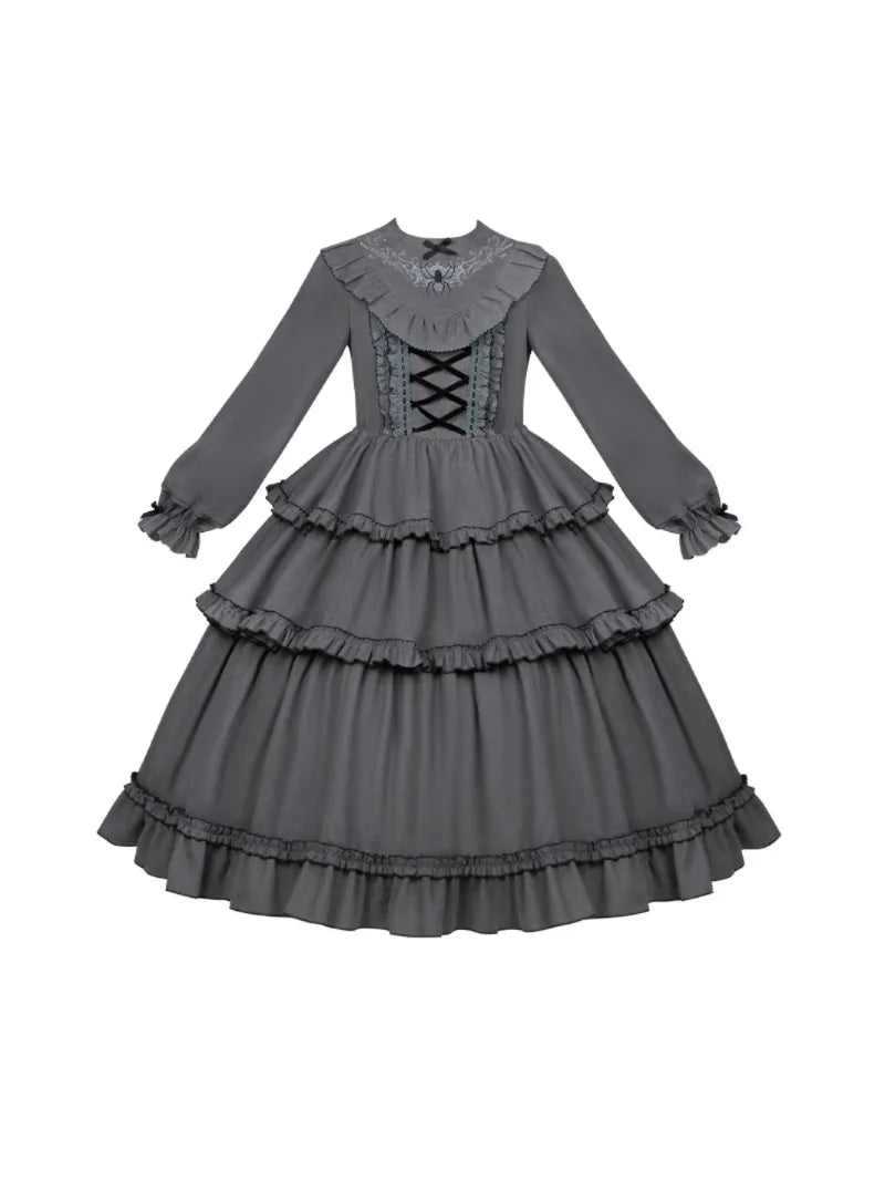 Goth Lolita triple-layer embroidered OP dress in dark autumn style, perfect for elegant daily wear and cosplay