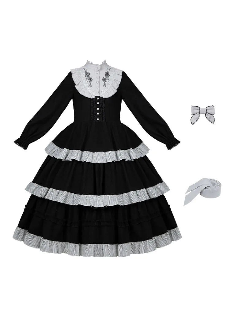 Goth Lolita triple-layer embroidered OP dress in dark autumn style, perfect for elegant daily wear and cosplay