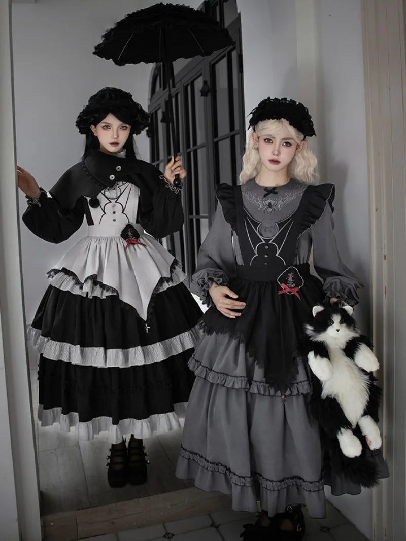 Goth Lolita triple-layer embroidered OP dress in dark autumn style, perfect for elegant daily wear and cosplay