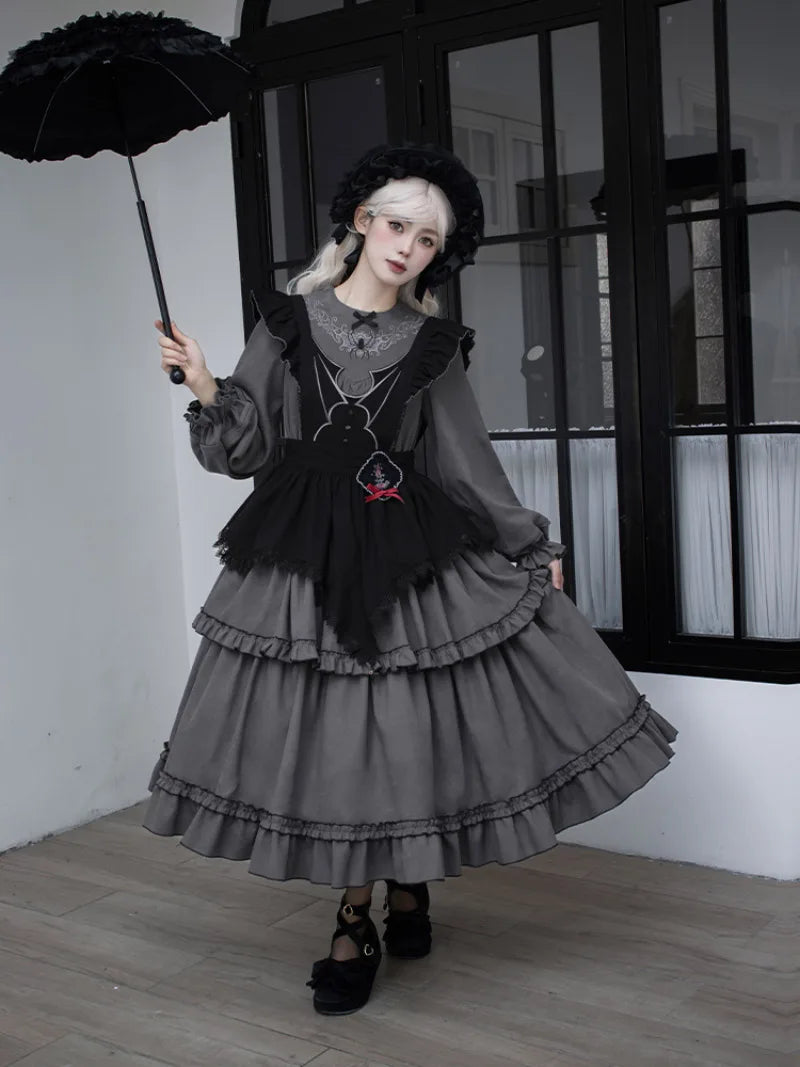 Goth Lolita triple-layer embroidered OP dress in dark autumn style, perfect for elegant daily wear and cosplay
