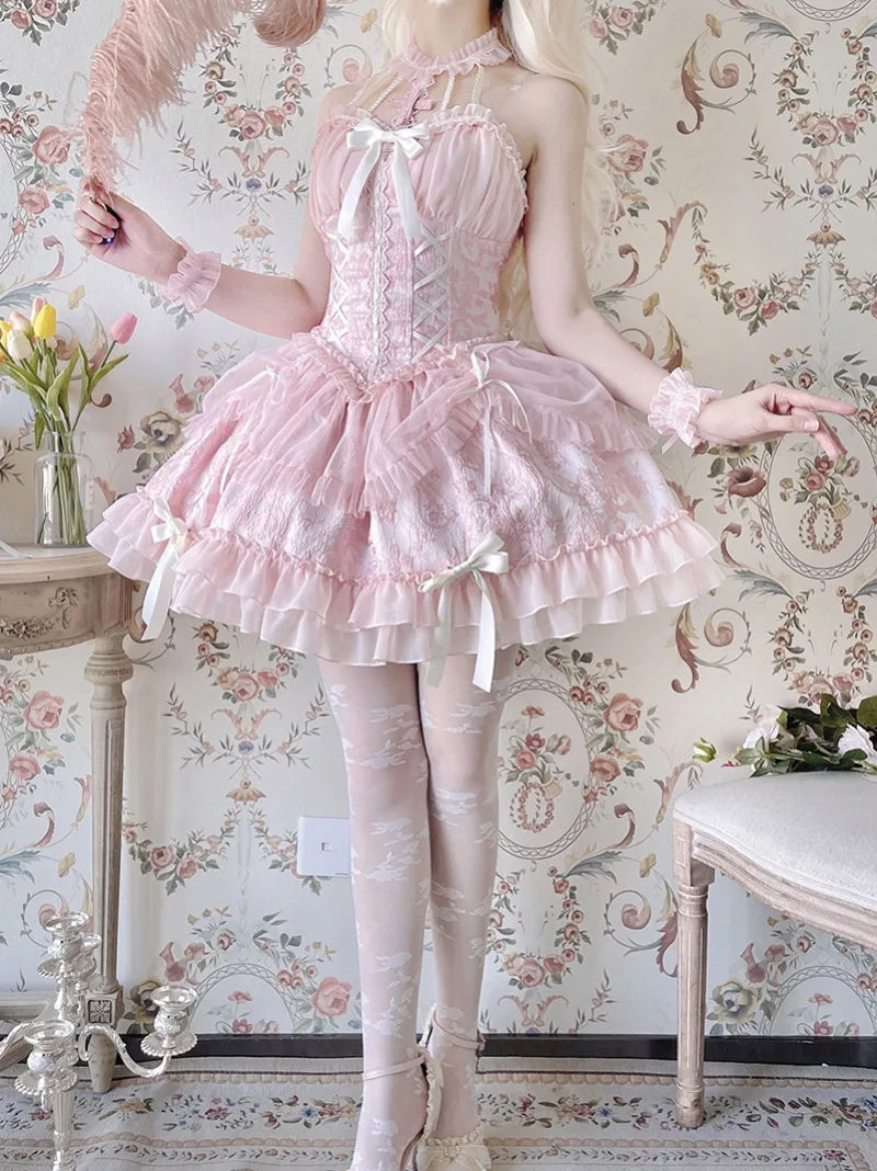 Original Gothic Lolita halter dress featuring ballet-inspired doll style, unique design, and elegant Lolita silhouette.