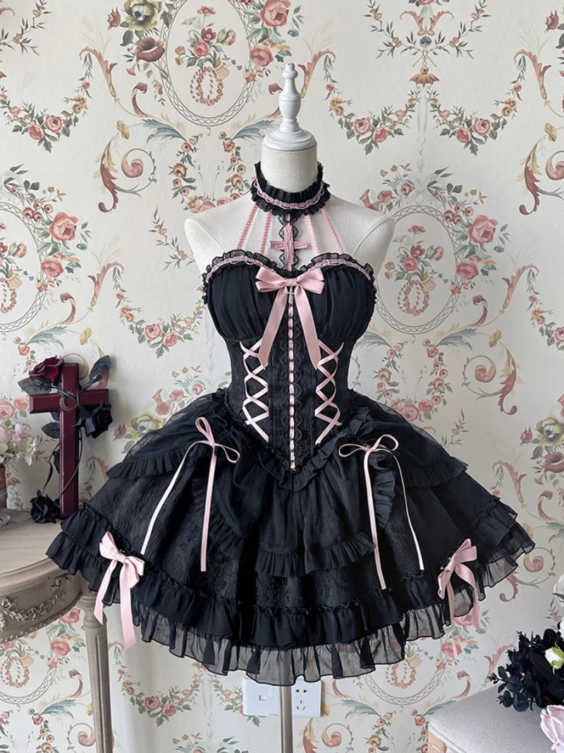 Original Gothic Lolita halter dress featuring ballet-inspired doll style, unique design, and elegant Lolita silhouette.