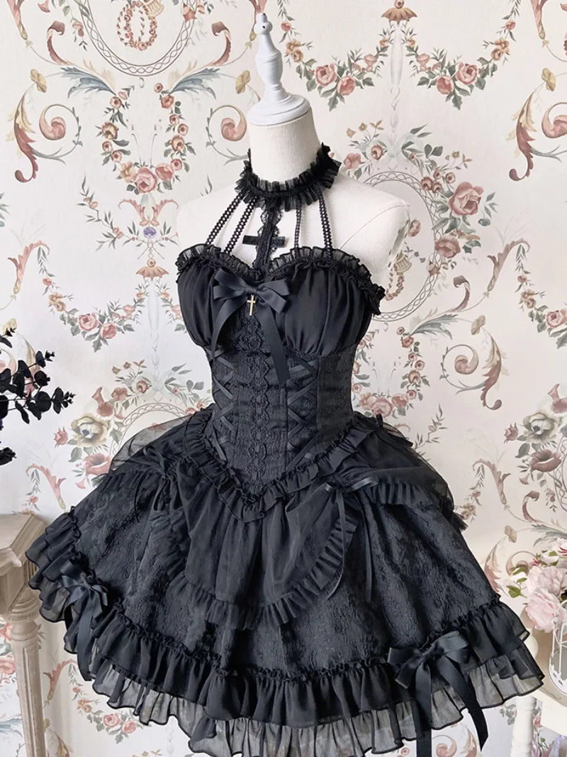 Original Gothic Lolita halter dress featuring ballet-inspired doll style, unique design, and elegant Lolita silhouette.