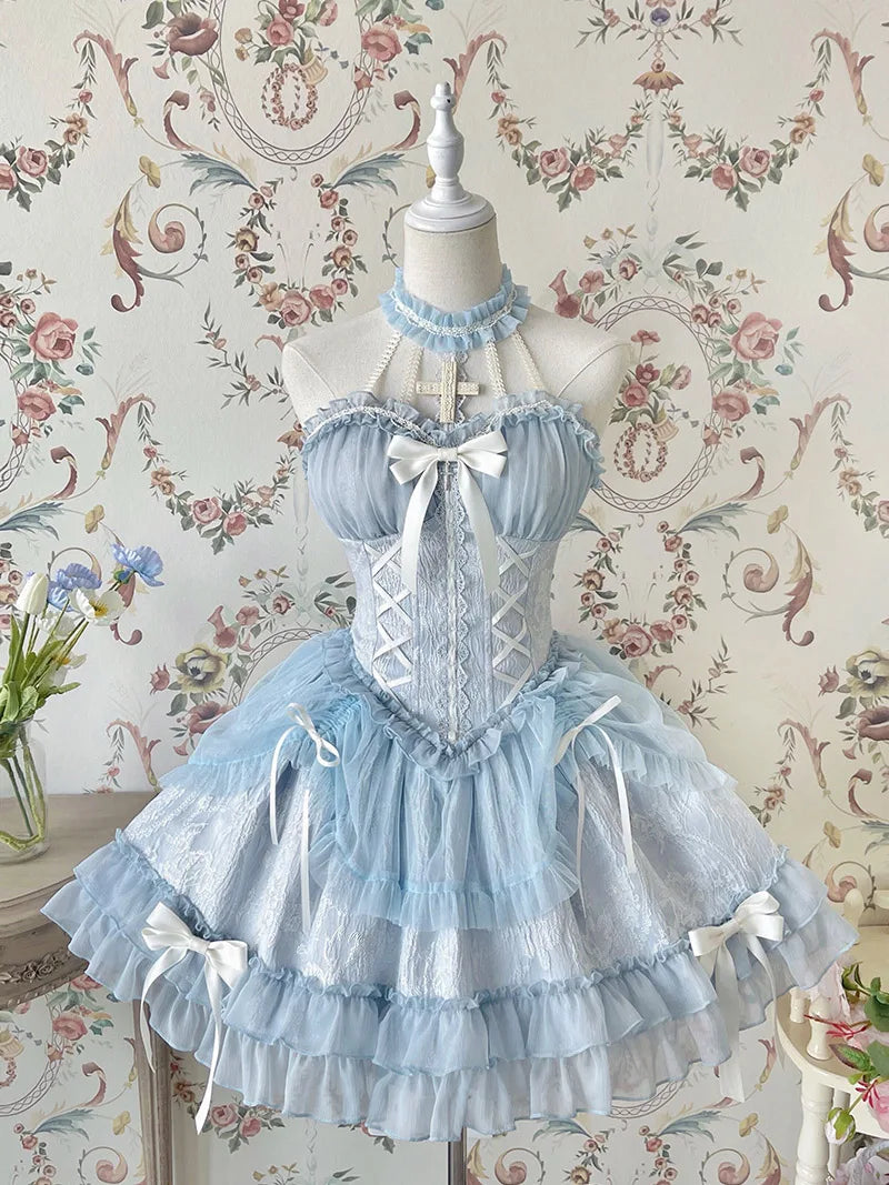 Original Gothic Lolita halter dress featuring ballet-inspired doll style, unique design, and elegant Lolita silhouette.