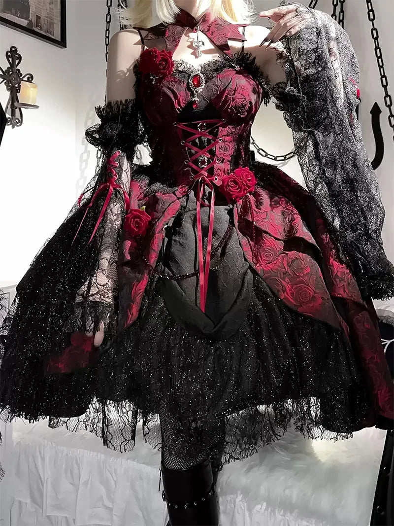 Elegant gothic Lolita dress with rose jacquard fabric, detachable sleeves, and black-red dark romantic design for parties or daily wear
