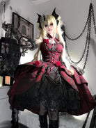 Elegant gothic Lolita dress with rose jacquard fabric, detachable sleeves, and black-red dark romantic design for parties or daily wear
