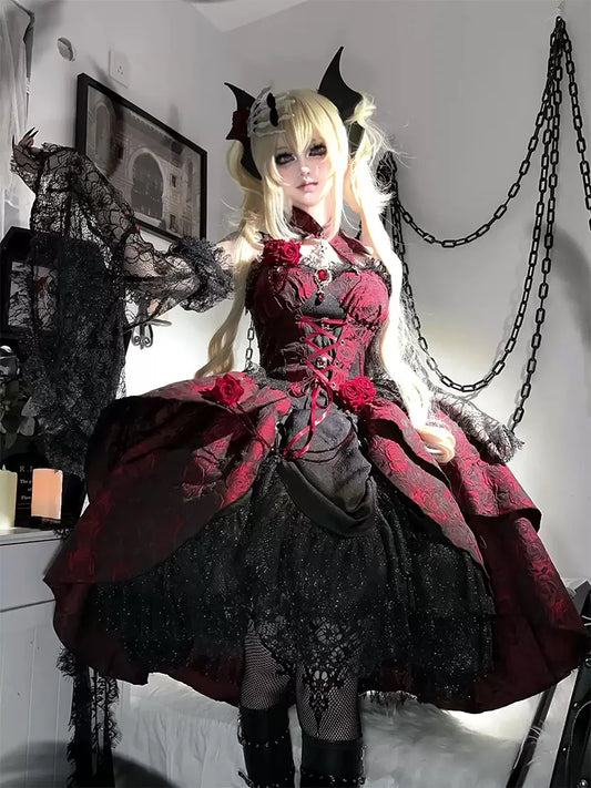 Gothic Lolita Dress | Dark Elegant Black and Red Jacquard Lolita Outfit