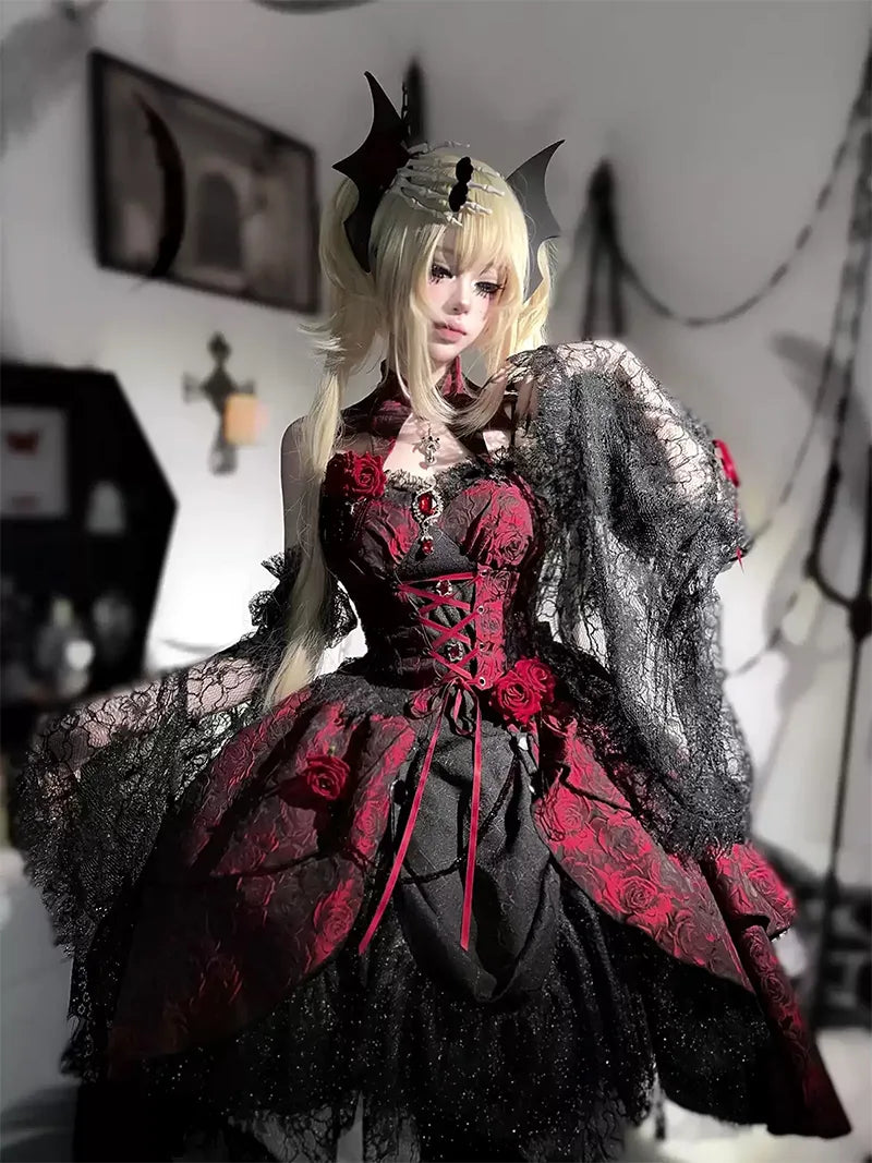 Gothic Lolita Dress | Dark Elegant Black and Red Jacquard Lolita Outfit