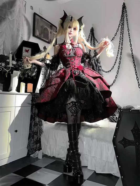 Gothic Lolita Dress | Dark Elegant Black and Red Jacquard Lolita Outfit
