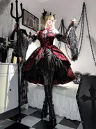 Elegant gothic Lolita dress with rose jacquard fabric, detachable sleeves, and black-red dark romantic design for parties or daily wear