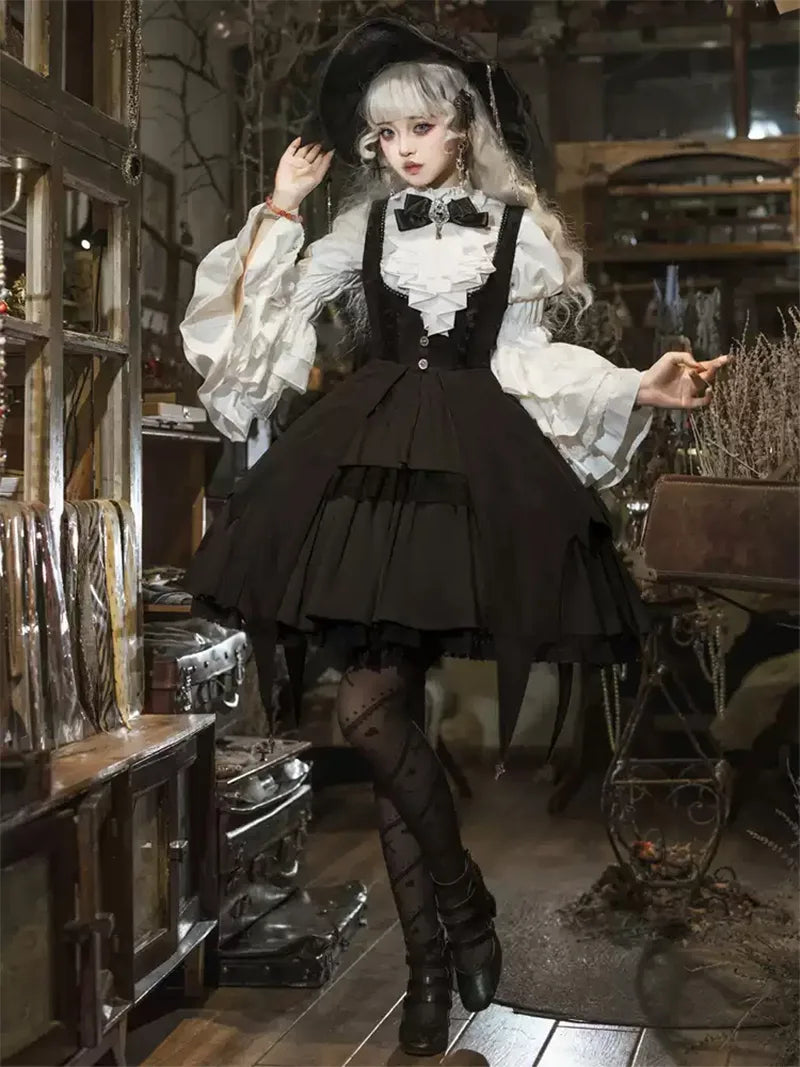 Elegant gothic lolita fashion witch OP dress set with dark magical details for a charming doll-like look