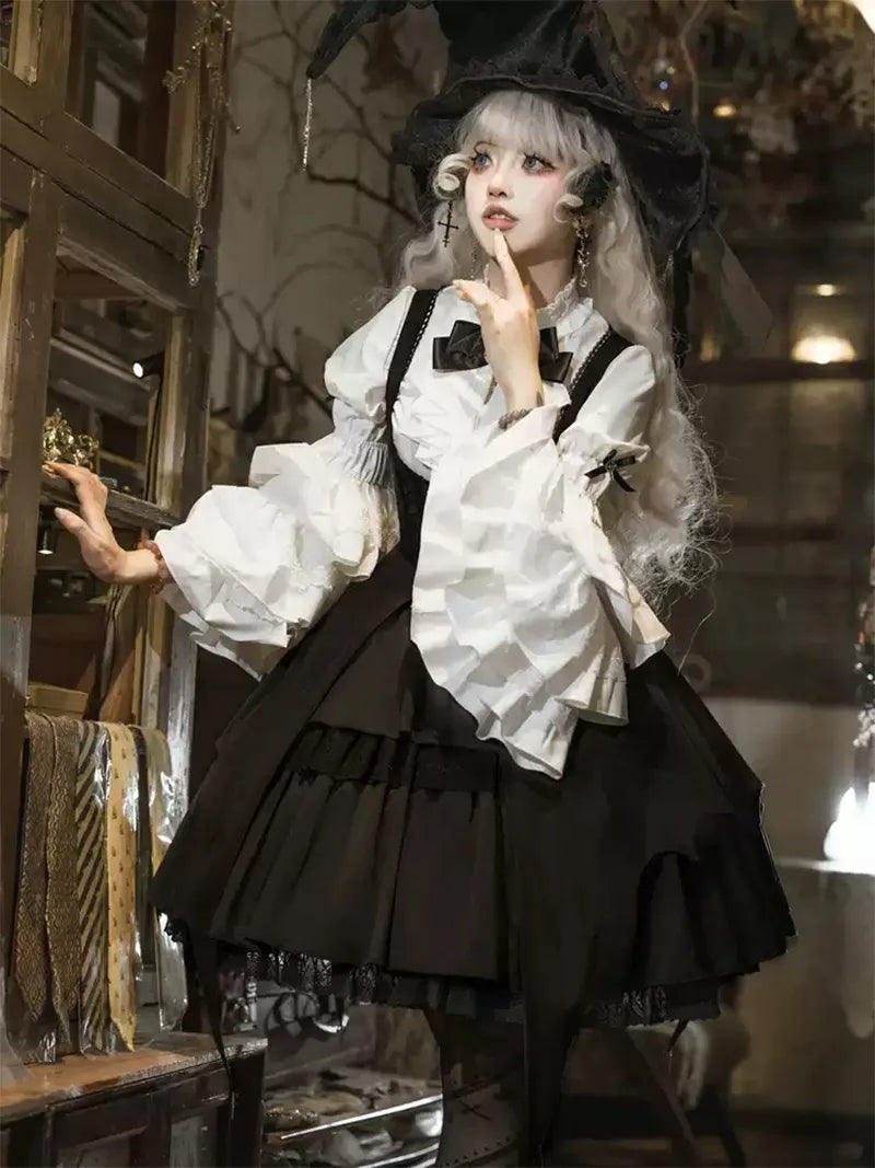 Elegant gothic lolita fashion witch OP dress set with dark magical details for a charming doll-like look