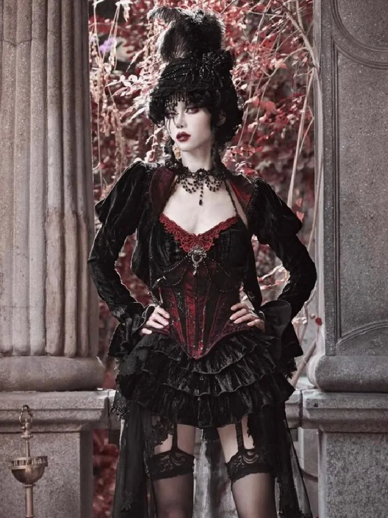 Elegant Gothiclolita velvet corset dress with noble style, perfect for Christmas and winter events