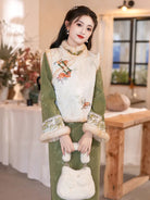Green winter qipao with thickened fleece lining and modern vest set for warm and elegant seasonal wear