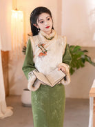 Green winter qipao with thickened fleece lining and modern vest set for warm and elegant seasonal wear