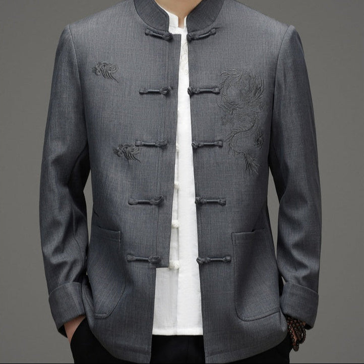 Gray Tang Jacket With Dragon Cloud Embroidery