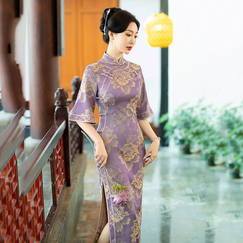Purple Half Sleeve Floral  Qipao  Dress| Peony