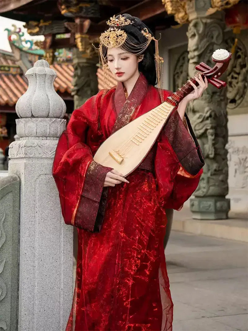 Red Warring States style hanfu chinese with straight-collar design and wide sleeves,  ancient outfit