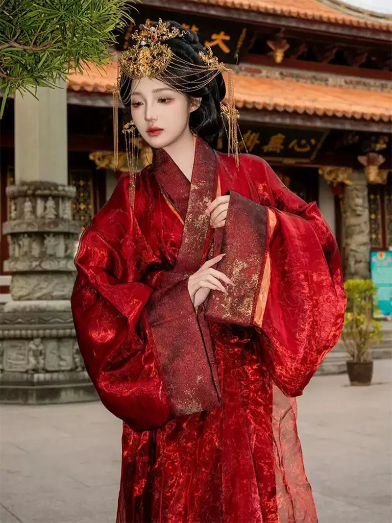 Red Warring States style hanfu chinese with straight-collar design and wide sleeves,  ancient outfit