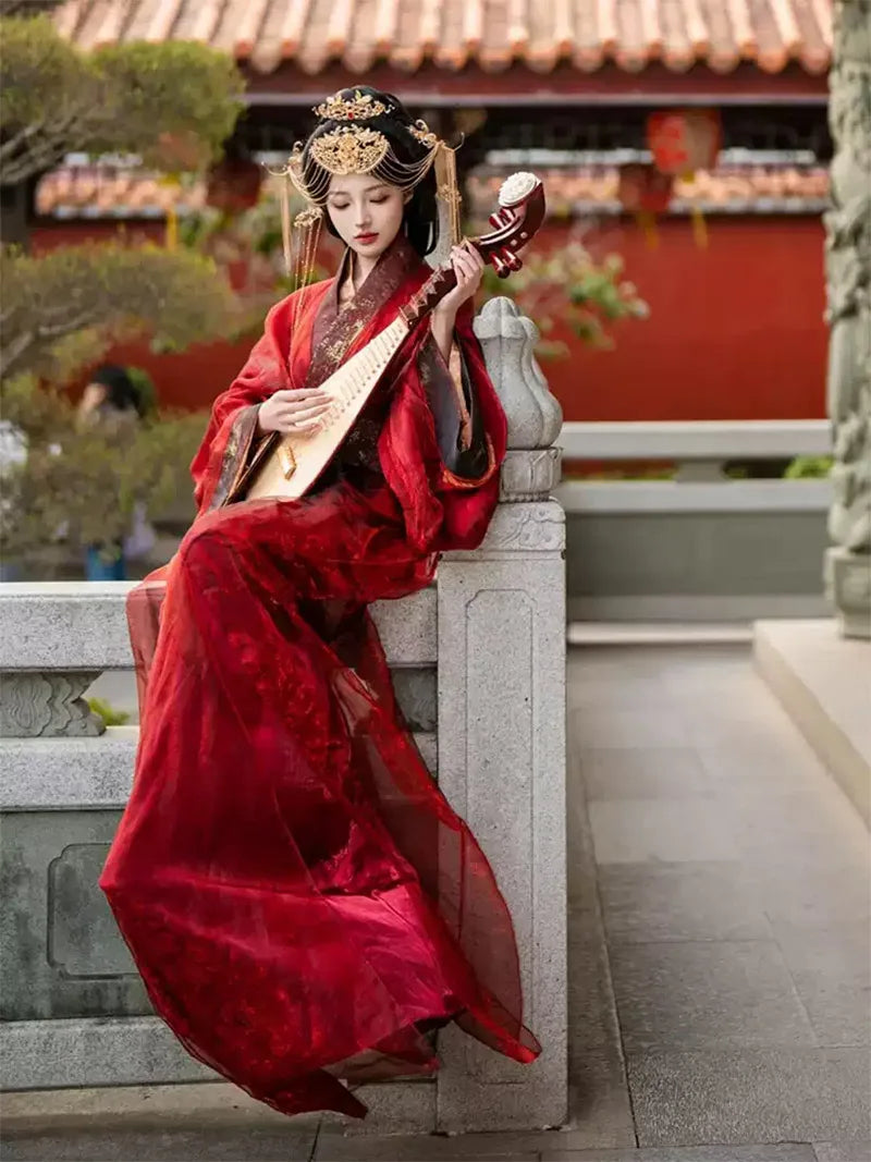 Red Warring States style hanfu chinese with straight-collar design and wide sleeves,  ancient outfit