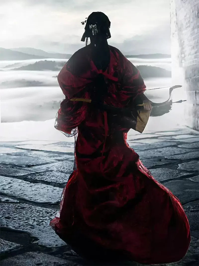Red Warring States style hanfu chinese with straight-collar design and wide sleeves,  ancient outfit