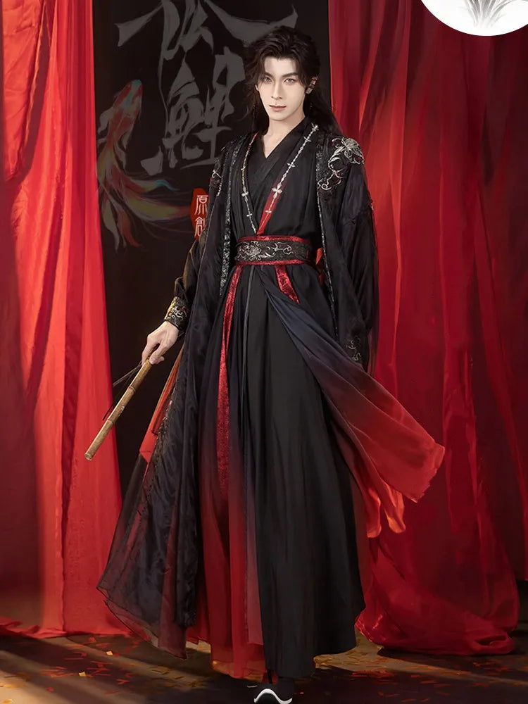 Men’s Xianxia Hanfu Costume – Unisex Black Red Embroidered Flowing Long Robe