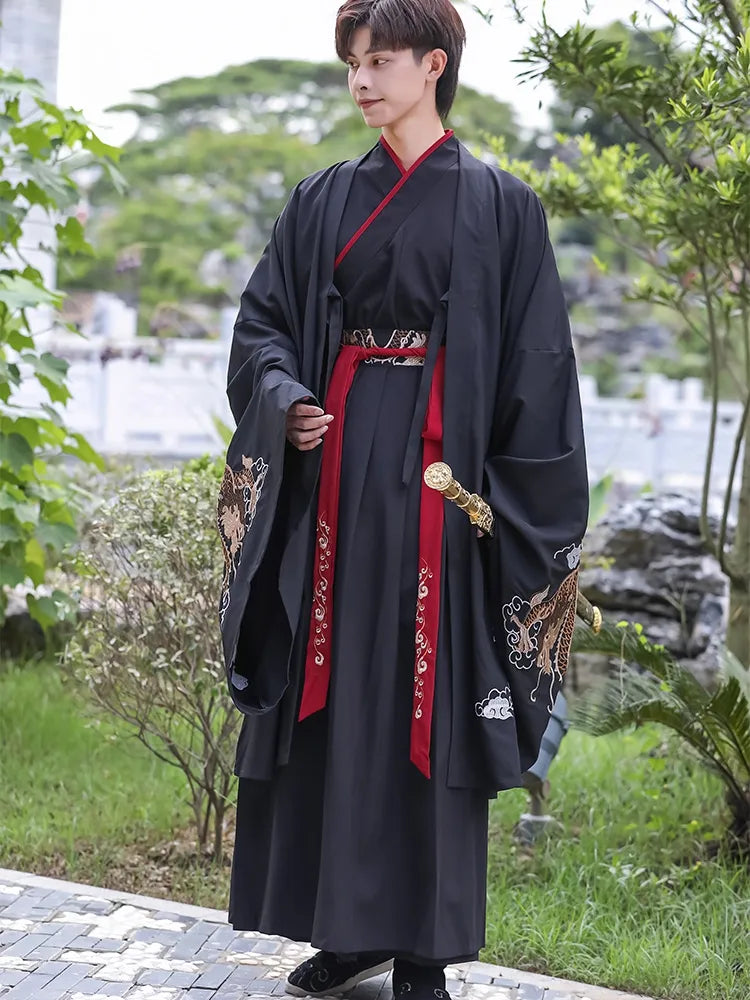 Black Hanfu Male Outfit | Dragon Embroidered Wuxia Costume