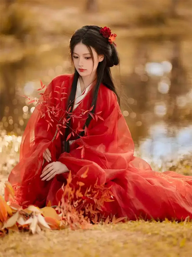 Red Hanfu dress femalenew Warring States robe with wide sleeves and cross-collar design, elegant ancient style