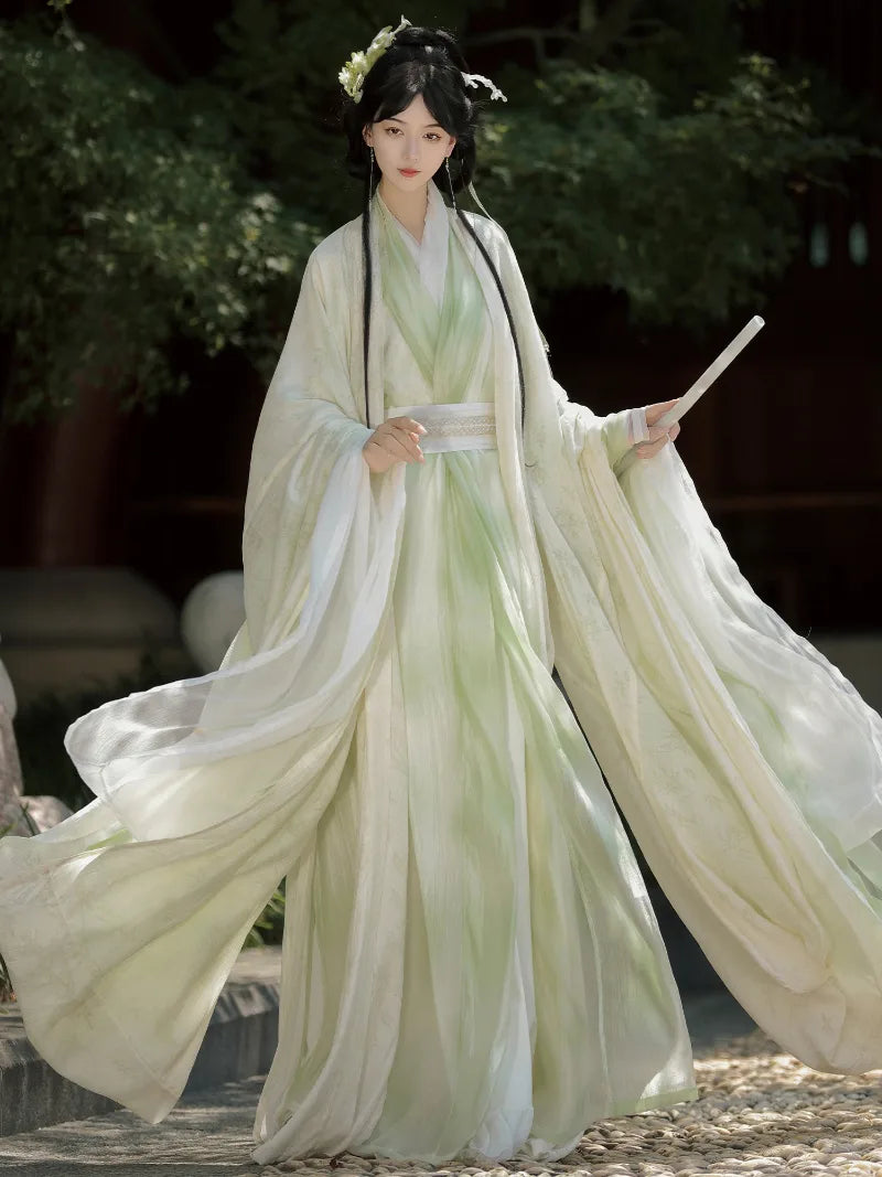 traditional hanfu fashion outfit with cross-collar and soft wide-sleeve silhouette