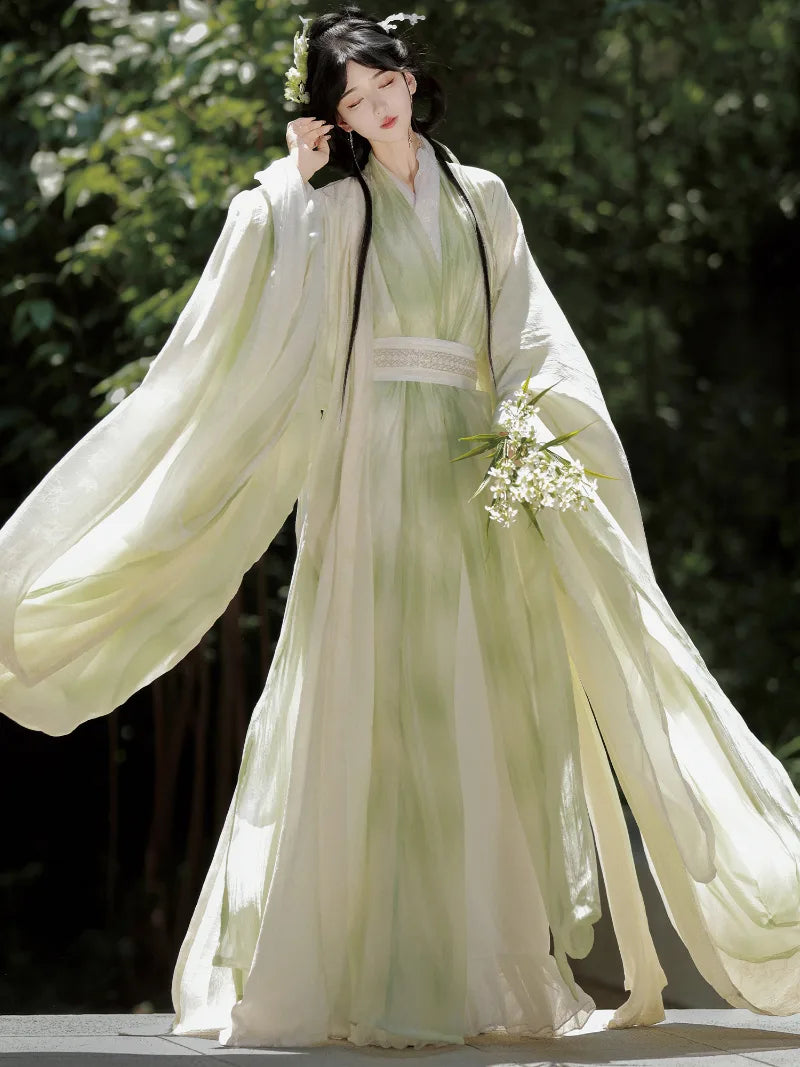 traditional hanfu fashion outfit with cross-collar and soft wide-sleeve silhouette