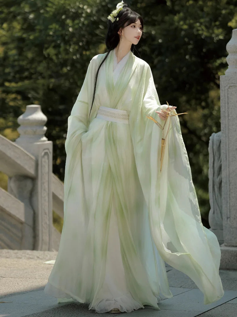 traditional hanfu fashion outfit with cross-collar and soft wide-sleeve silhouette