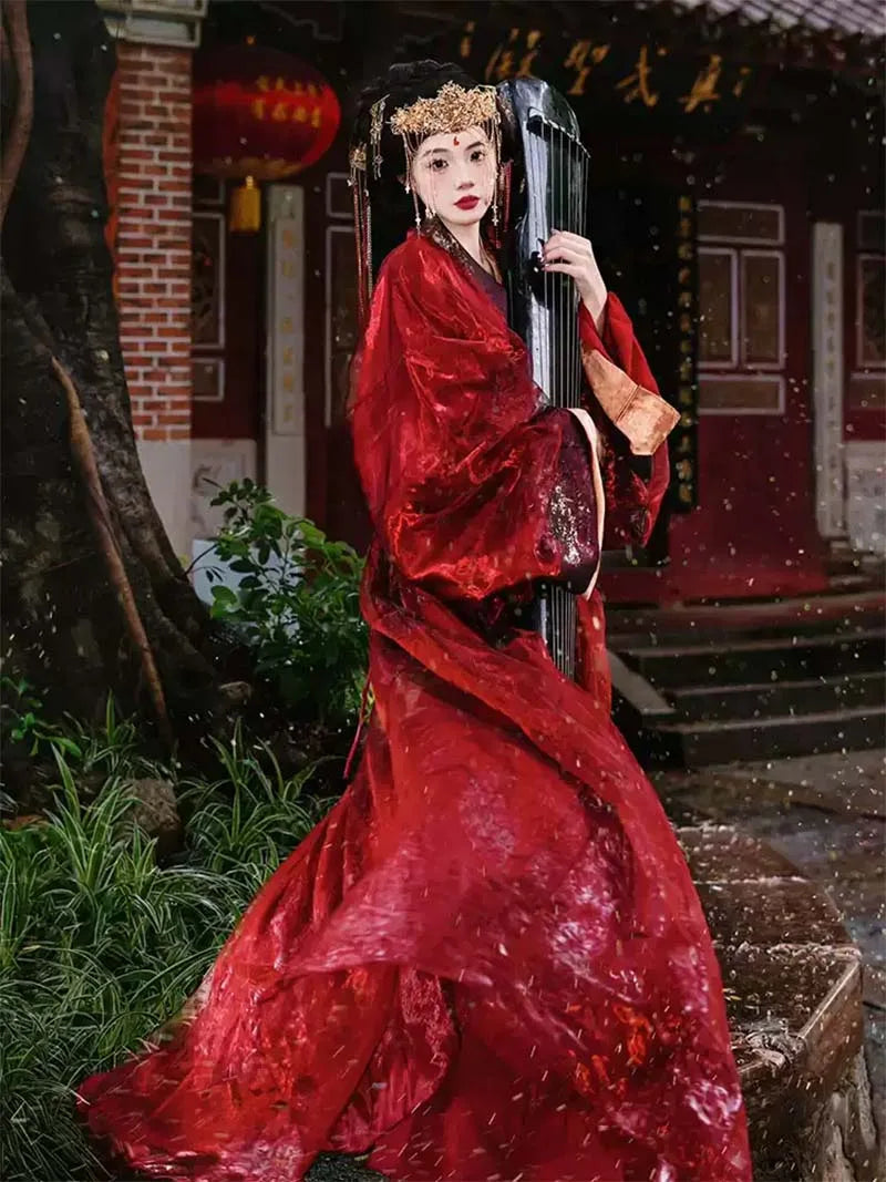 red Hanfu female Warring States robe with cross-collar and wide sleeves, elegant subtle patterns traditional Chinese clothing