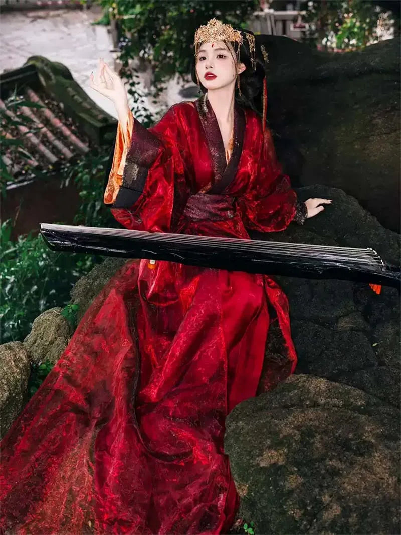 red Hanfu female Warring States robe with cross-collar and wide sleeves, elegant subtle patterns traditional Chinese clothing