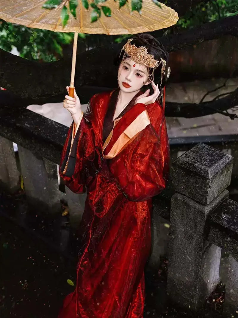 red Hanfu female Warring States robe with cross-collar and wide sleeves, elegant subtle patterns traditional Chinese clothing