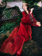 red Hanfu female Warring States robe with cross-collar and wide sleeves, elegant subtle patterns traditional Chinese clothing