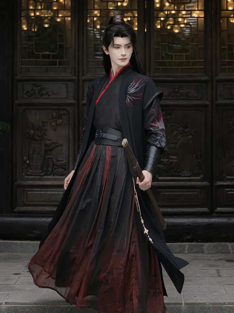Chinese Swordsman Costume – Unisex Black Red Embroidered Wuxia Outfit Set