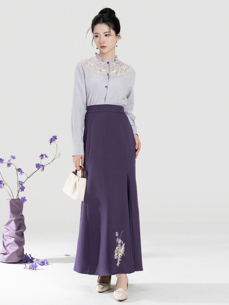 Purple Embroidered 2 Piece Skirt Set with Mermaid Skirt