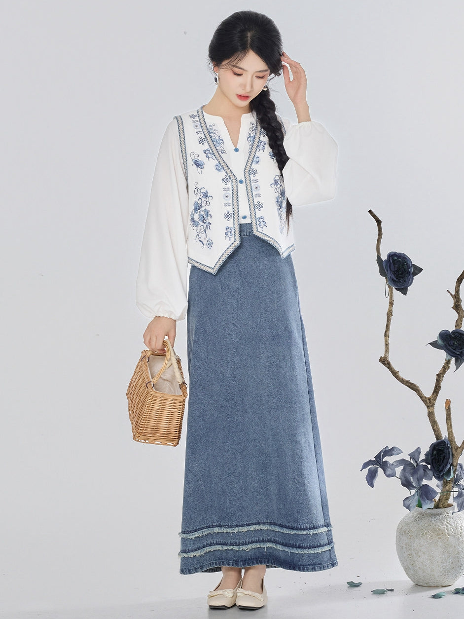 Long Denim Skirt Set with Embroidered Vest & V-Neck Blouse