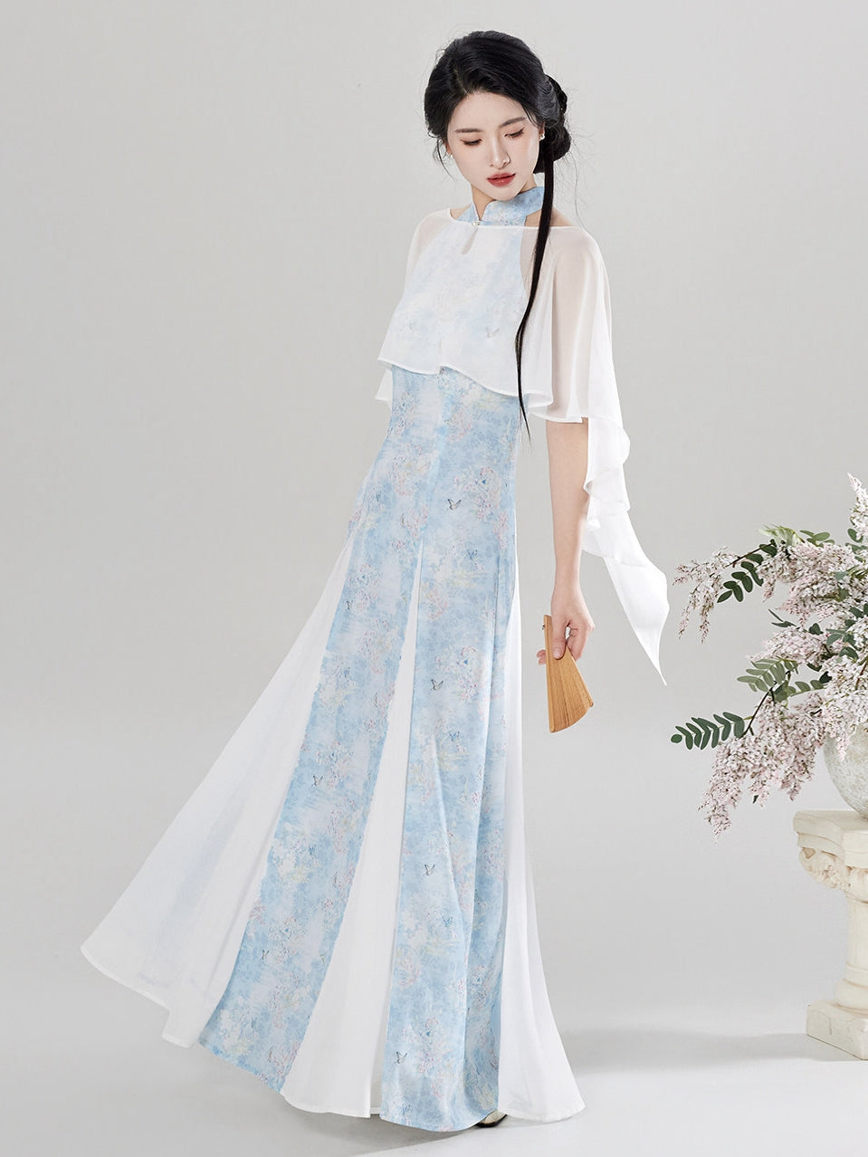 Women’s Floral Maxi Dress with Reversible Chiffon Shawl