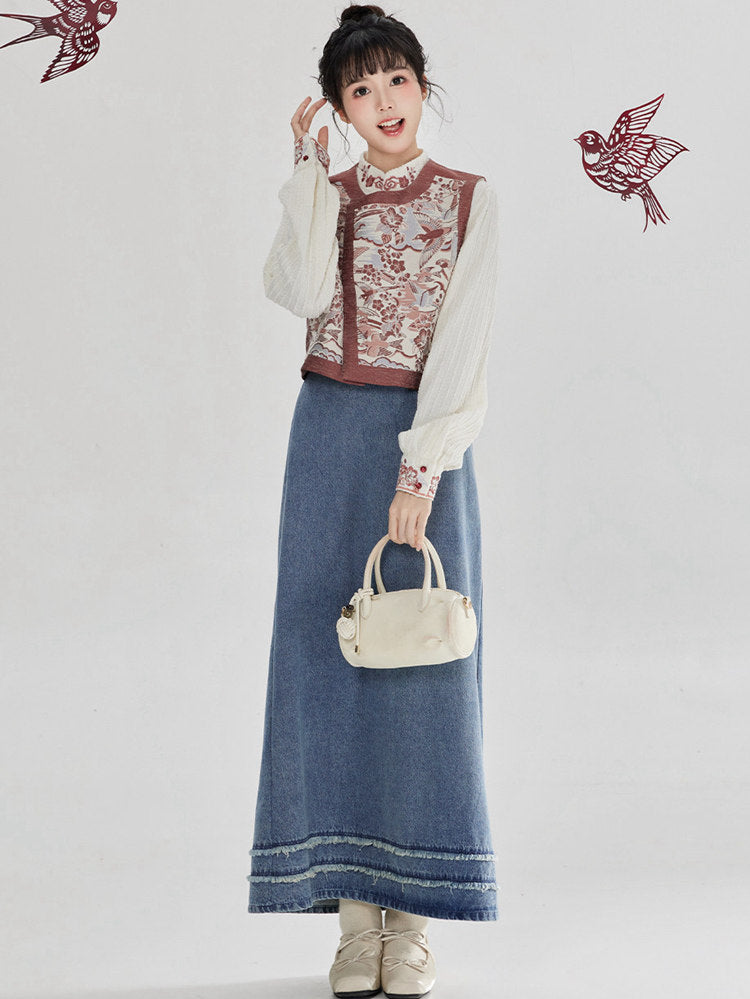 Chinese-Inspired A-Line Denim Skirt Set with Jacquard Vest
